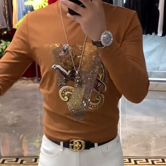 Lion sequined long-sleeved T-shirt