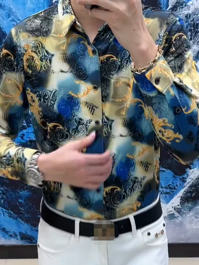 blue and gold printed shirt