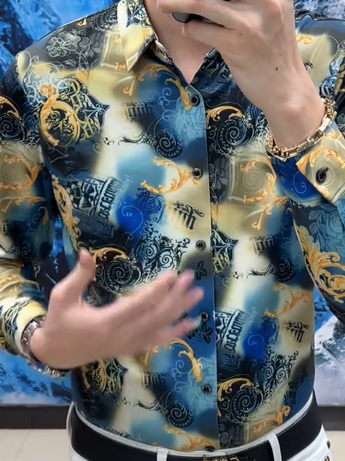 blue and gold printed shirt