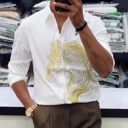 Golden Horse Sequined White Shirt