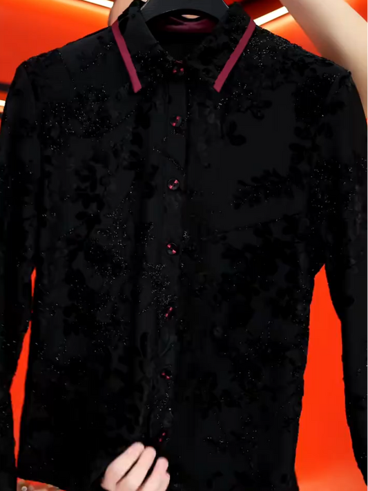 Red-Trim Black Velvet Shirt