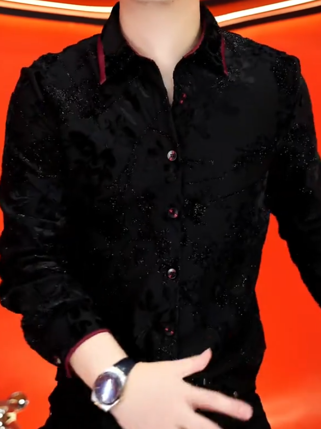 Red-Trim Black Velvet Shirt