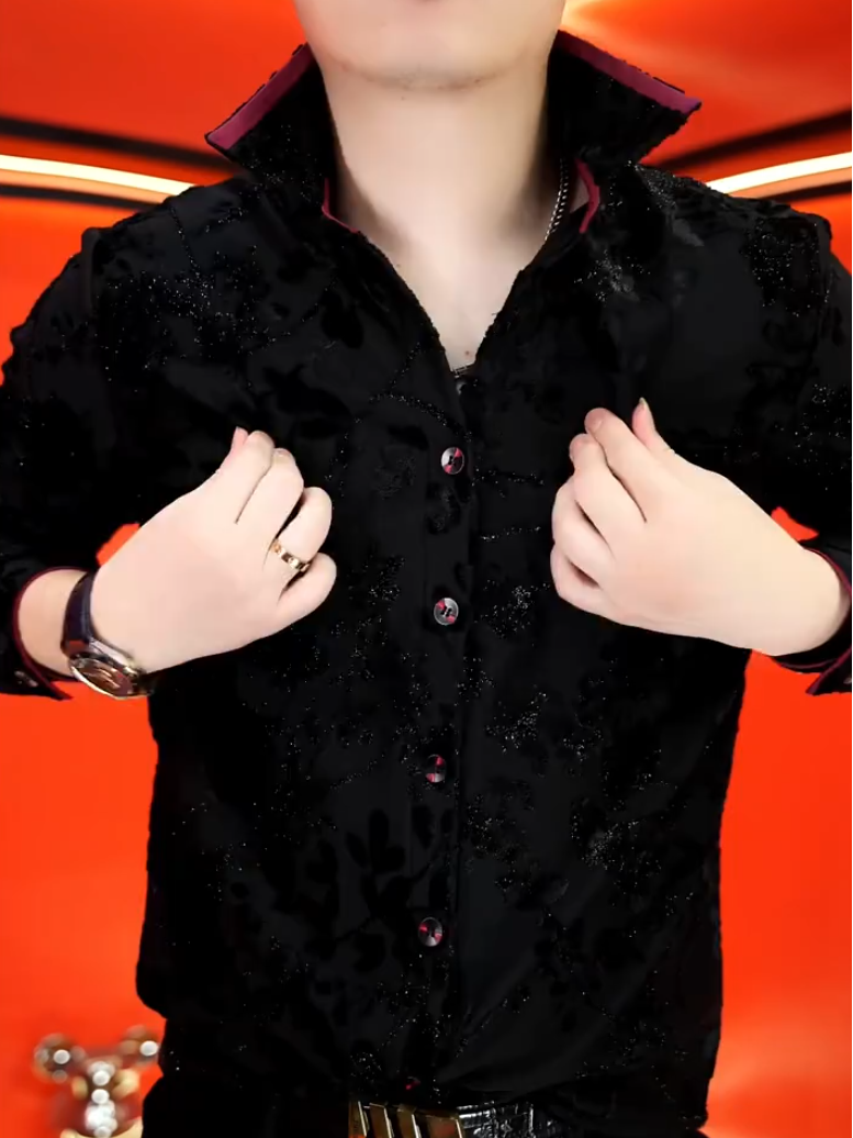Red-Trim Black Velvet Shirt