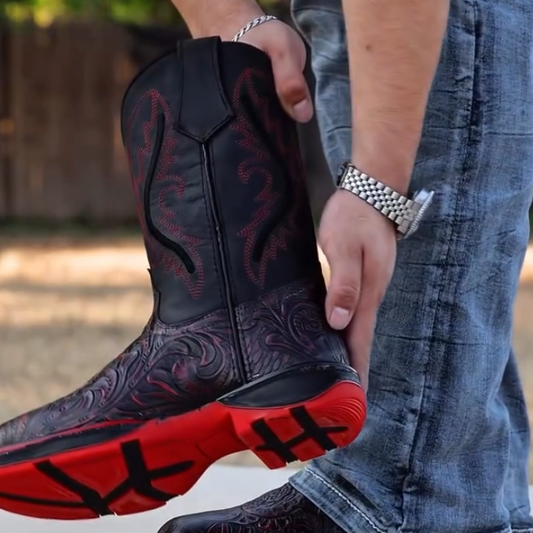 Red and black carved boots